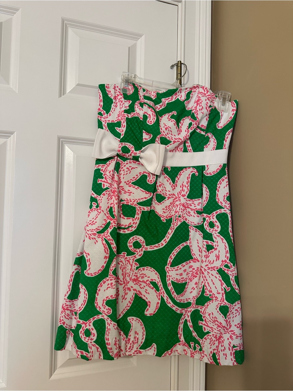 Lilly Pulitzer Green, Pink and White Strapless Floral Dress with Bow
